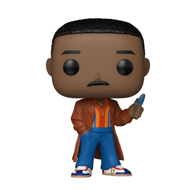 Figura Funko Pop de vinil com casaco castanho e roupa colorida