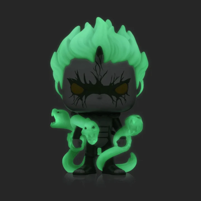 Figura colecionável com cabelo verde neon segurando cobras verdes