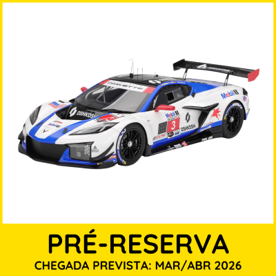 Miniatura de carro de corrida Corvette branco azul preto vermelho numa pré-reserva com fundo amarelo
