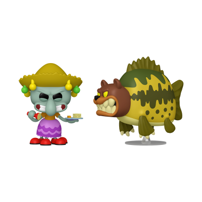 Figuras de vinil colecionáveis de personagem feminina com chapéu e figura híbrida de peixe com rosto de cão.