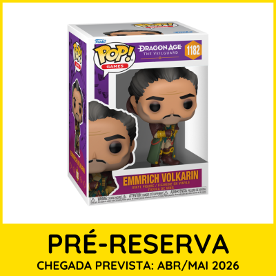 Funko Pop Emmrich Volkarin Dragon Age na caixa com design branco e roxo