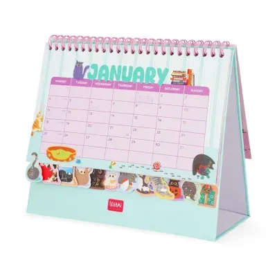 Calendário de mesa mensal com ilustrações de gatos e espiral rosa