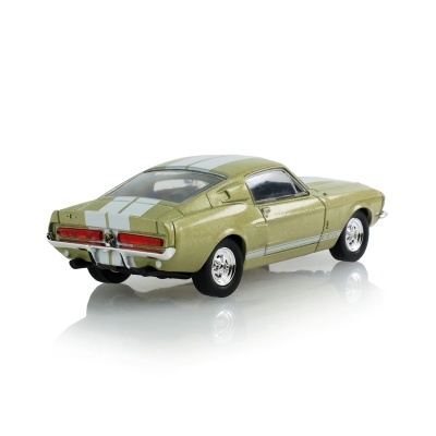 Miniatura de carro desportivo verde metálico com riscas brancas e jantes cromadas