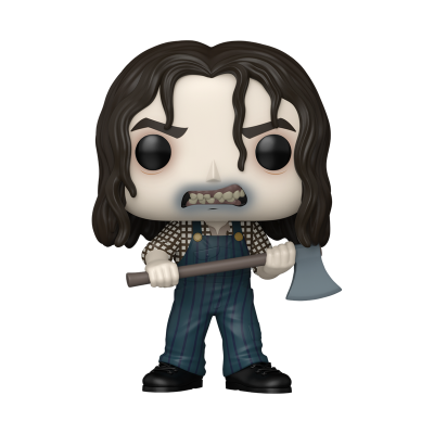Figura pop vinil cabelo castanho, camisa xadrez, macacão azul riscado, segurando machado