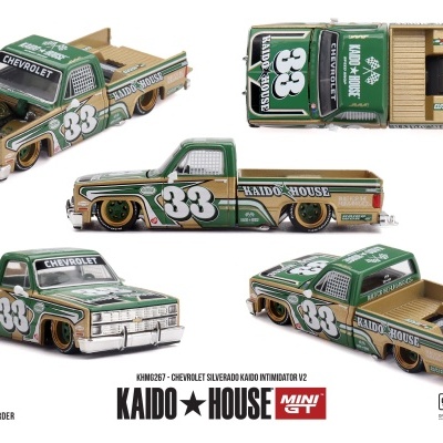 Miniatura de carro Chevrolet Silverado Kaido Intimidator V2 verde e bege com número 33 e logo Kaido House