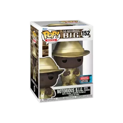 Figurinha Funko Pop! Rocks Notorious B.I.G. número 152 com chapéu Fedora dourado em caixa