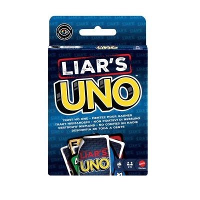 Caixa azul escura do jogo de cartas LIARS UNO com cartas coloridas e texto multilíngue