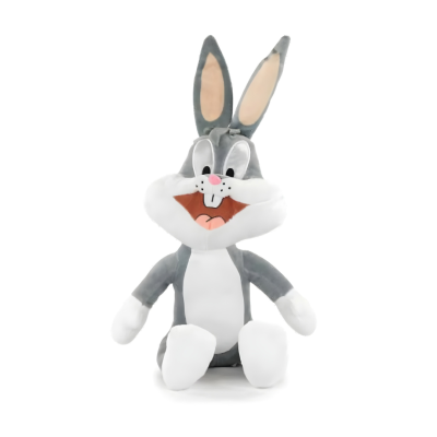 Pelúcia Bugs Bunny cinzento com barriga branca e orelhas cor de rosa