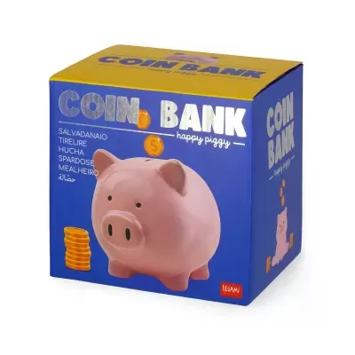 Embalagem azul e amarela para mealheiro porco cor-de-rosa com texto COIN BANK