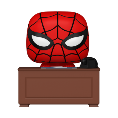 Figura Funko Pop de Spider-Man com máscara vermelha e padrão de teia preta numa secretária castanha.