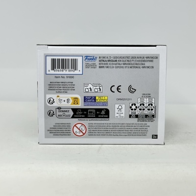 Parte traseira da caixa branca com etiquetas de reciclagem e informações do fabricante Funko.