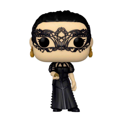 Funko Pop com vestido preto e máscara de renda preta.