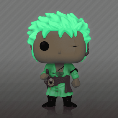 Figura colecionável Funko Pop com cabelo verde fluorescente e roupa verde.