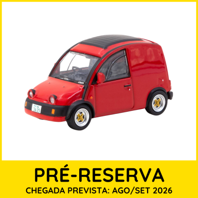 Miniatura de carro vermelho com tejadilho preto e jantes prateadas com centro dourado sobre fundo branco.