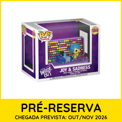Figura Funko Pop Joy & Sadness do filme Inside Out na embalagem com tons lilás e amarelo