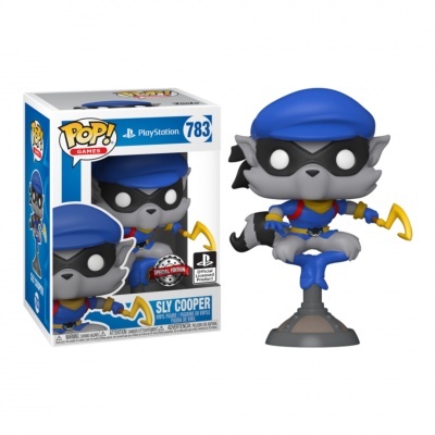Figura Funko Pop Sly Cooper com boina azul e máscara preta