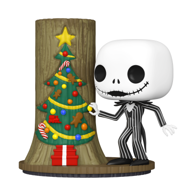Figura Funko Pop de Jack Skellington ao lado de uma árvore de Natal decorada