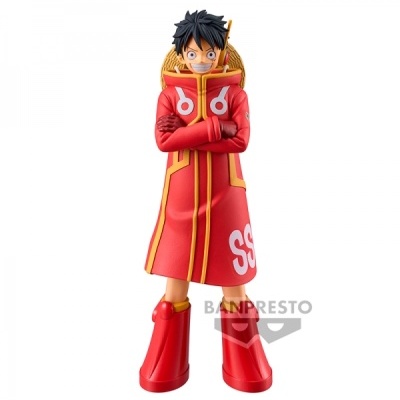Figura de ação de personagem com casaco vermelho e botas grandes vermelhas.