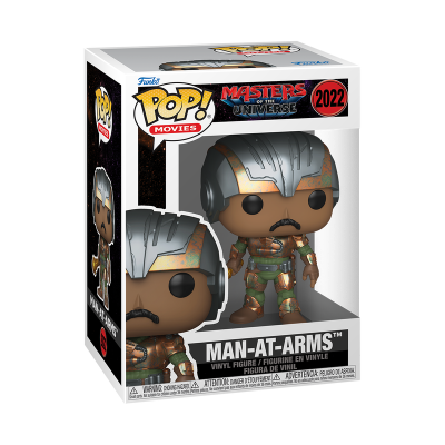Figura Funko Pop! Man-At-Arms com capacete prateado e armadura verde e dourada em caixa