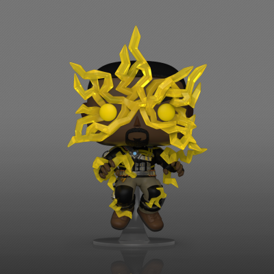 Figura Funko Pop de super-herói com relâmpago amarelo sobre base transparente
