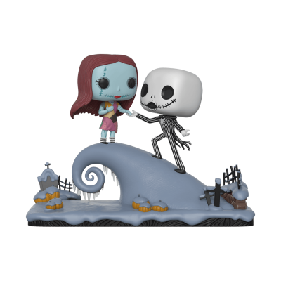 Figuras colecionáveis de Jack Skellington e Sally em estilo Funko Pop com base decorativa de Halloween