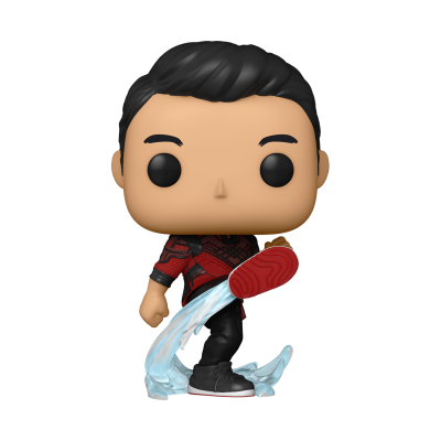 Figura colecionável Funko Pop com roupa vermelha e preta e efeito de água