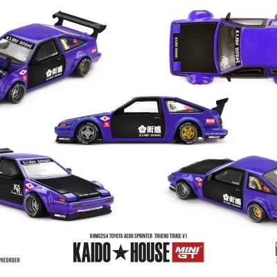 Modelo de carro de brinquedo Mini GT Toyota AE86 Sprinter Trueno roxo com detalhes pretos e inscrições KAIDO HOUSE