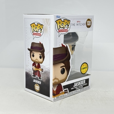 Caixa Funko Pop televisão The Witcher Jaskier com janela transparente e cores branco, vermelho e castanho