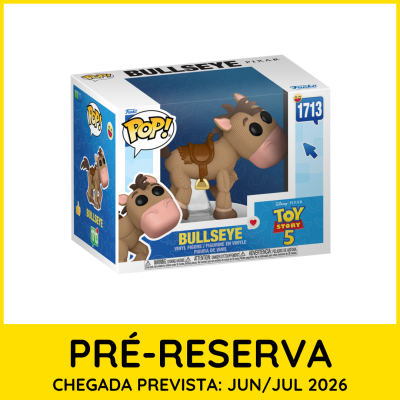 Figura Funko Pop Bullseye Toy Story 5 em caixa com pré-reserva e data prevista.