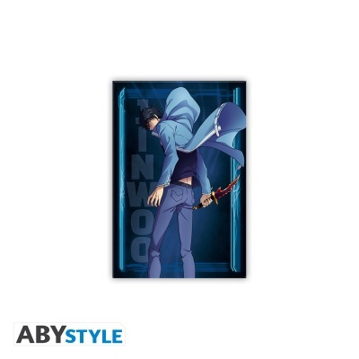 Poster anime personagem de costas com espada vermelha e casaco azul