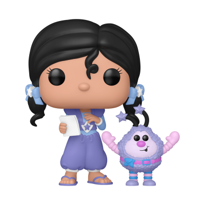 Figura Funko Pop com roupa azul e criatura roxa com estrelas no cabelo