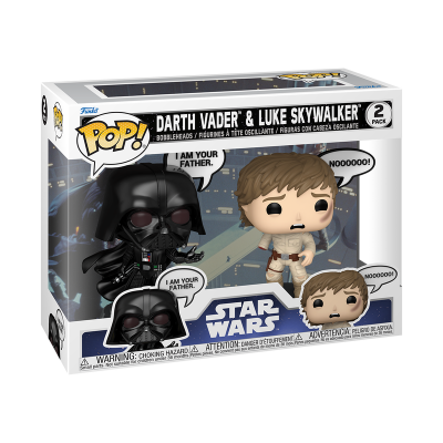 Caixa de bonecos Funko POP! Darth Vader e Luke Skywalker, com texto e logo STAR WARS
