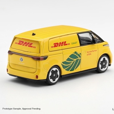 Miniatura de carrinha de entregas DHL amarela com logótipos e texto em vermelho e verde