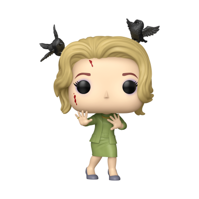 Figura Funko Pop loira com vestido verde e corvos pretos no fundo branco