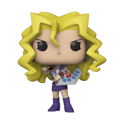 Figura Funko Pop de personagem feminina com cabelo amarelo cacheado e roupa roxa e branca, segurando cartas e uma garrafa.