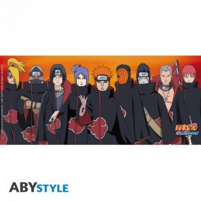 Personagens do anime Naruto com capas pretas com nuvens vermelhas em fundo laranja