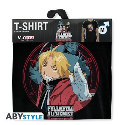 T-shirt preta com estampa colorida de Fullmetal Alchemist Brotherhood, embalagem com gancho e etiqueta tamanho M