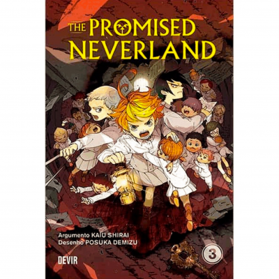 Capa do livro 'The Promised Neverland' volume 3 com personagens e texto em amarelo e branco