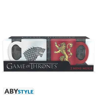 Conjunto de 2 canecas miniaturas Game of Thrones com emblemas de lobo e leão