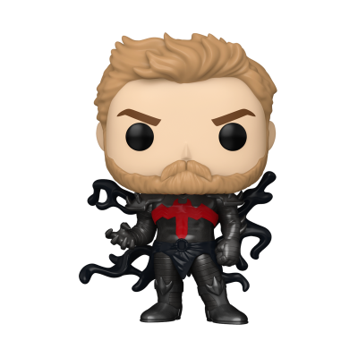 Figura Funko Pop personagem com fato preto e símbolo vermelho
