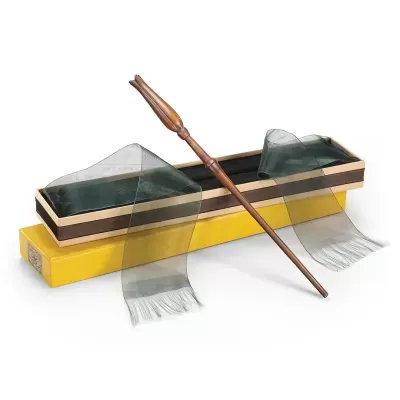 Varinha mágica de madeira com caixa preta e amarela e lenço transparente cinza