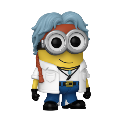 Figura colecionável Minion com cabelo azul e roupa branca e azul