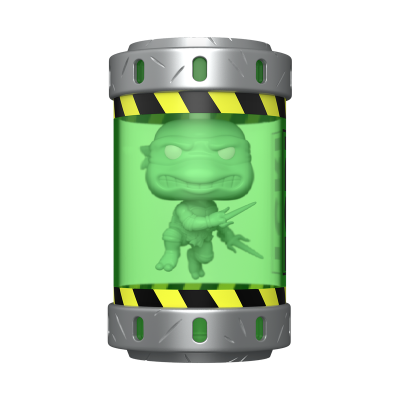 Figura colecionável de tartaruga ninja verde num recipiente metálico com faixas pretas e amarelas