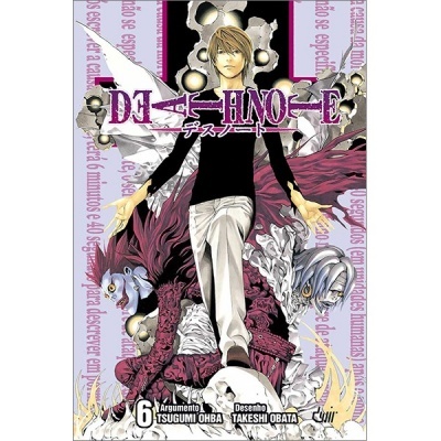 Capa de manga Death Note volume 6 com ilustração de personagem principal e seres fantásticos