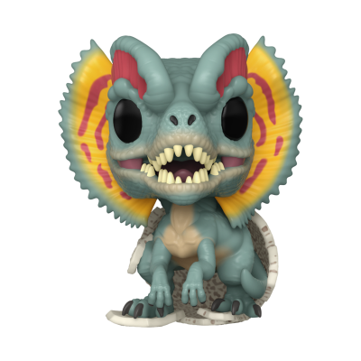 Figura colecionável Funko Pop de dinossauro azul-esverdeado com manchas amarelas e laranjas na cabeça