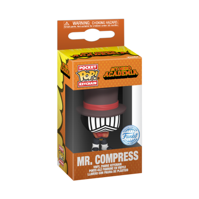 Figura chaveiro Funko Pop Mr. Compress na embalagem oficial