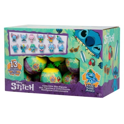 Caixa Disney Stitch com 13 minifiguras colecionáveis e bolas coloridas.