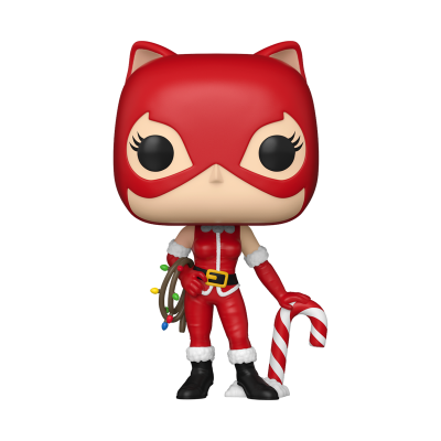 Figura colecionável Funko Pop personagem com máscara e roupa vermelha segurando bengala doce e saco de presentes