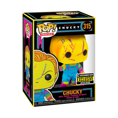 Figura Funko Pop de Chucky com cabeça amarela e cicatrizes em caixa
