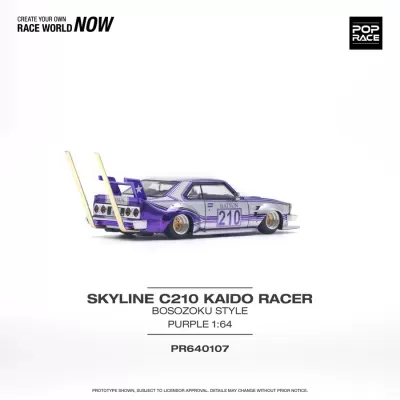 Miniatura de carro roxo Skyline C210 Kaido Racer Bosozoku Style com número 210 e tubos de escape verticais dourados